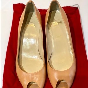 Christian Louboutin Peach Leather Wedge Peep-Toe Pumps